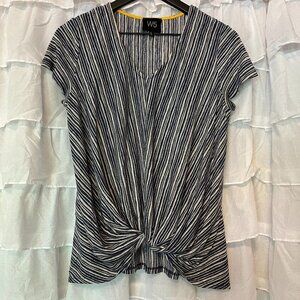 Navy & Cream Short Sleeve Knot Front Top - Size Small